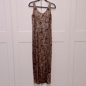 Adrianna Papell evening beaded dress. Chiffon overlay/silk lining. Brown.
